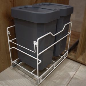 Mini basureras deslizantes bajo pozuelo con 2 Canecas Plásticas de 10 L Grises Extraíbles con rieles cierre lento para Cocina